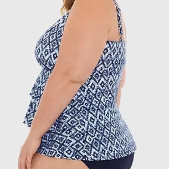 NWT! Swim Solutions Navy Blue Geometric Tummy Control One Piece Swimsuit NEW! - Picture 2 of 3